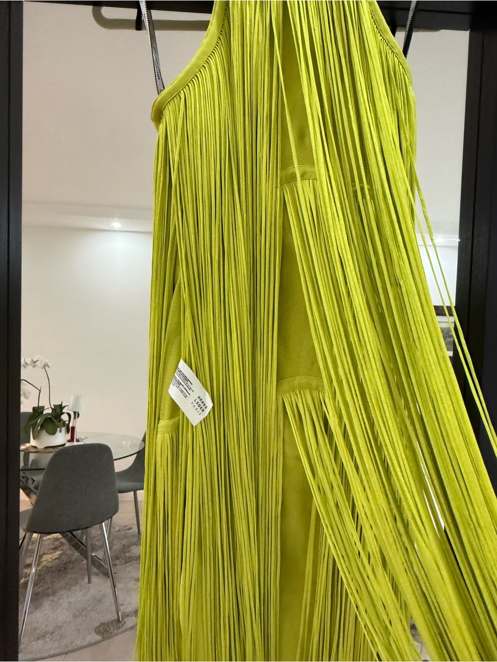 New Herve Leger Neon Lime Fringe Halter Midi Dress - Picture 9 of 12
